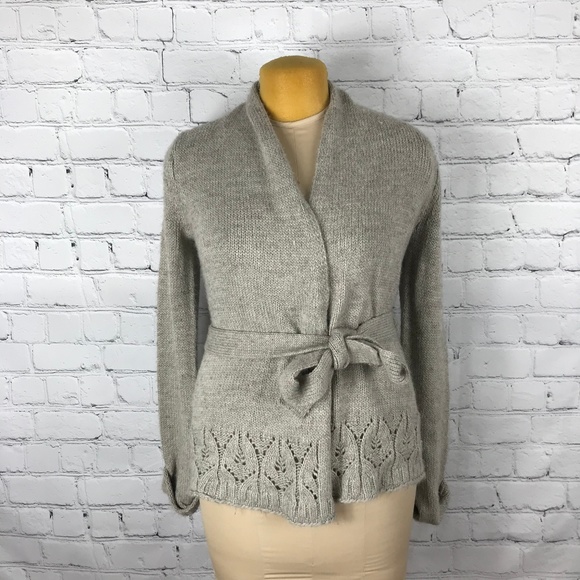 The Limited Sweaters - The Limited Gray Crochet Belted Cardigan Sweater M